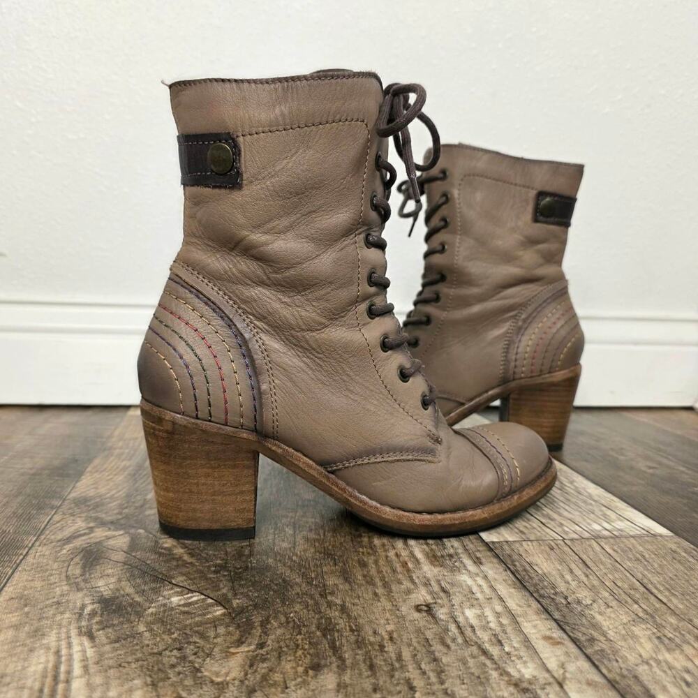 Taos Leather Lace Up Ankle Boots Brown Boho Academia Chunky Heel Size 9-9.5
